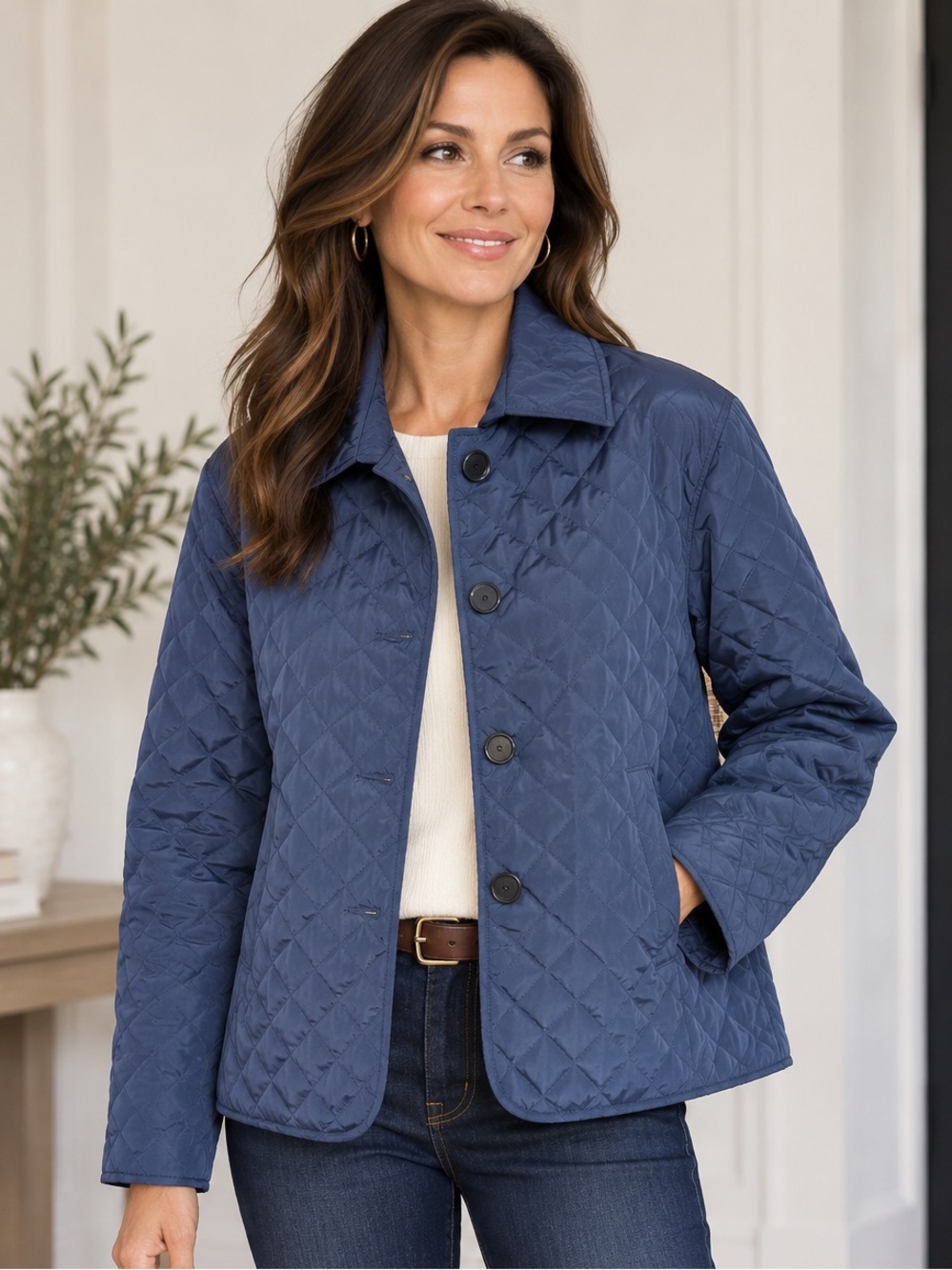 Women's Quilted Navy Jacket with Plaid Lining